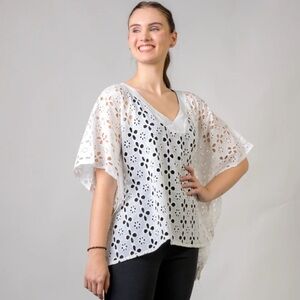 Cotton Schiffli Crop Top White Eyelet Poncho Top. One Size.  Color: White